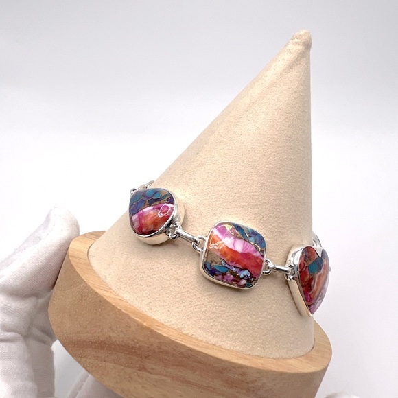 Pink Oyster Turquoise .925 Sterling Silver Bracelet - Picture 16 of 17